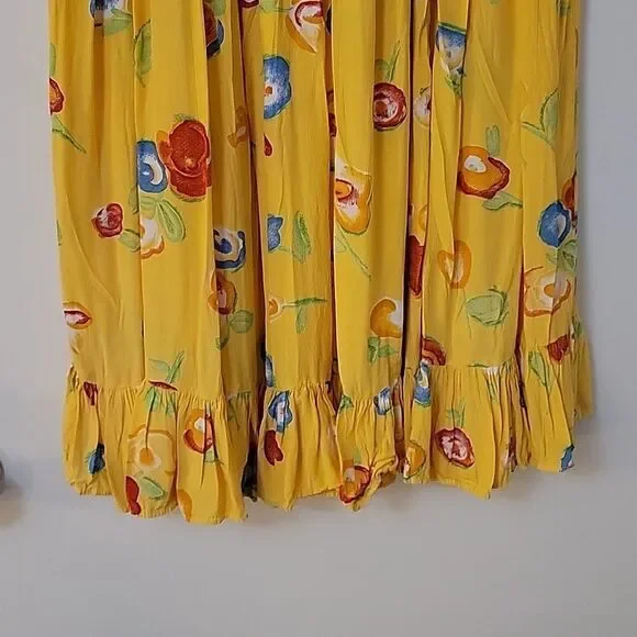 Vintage Bright Yellow Floral Ruffle Longline Peasant Gypsy Boho Festival Skirt - Picture 5 of 6